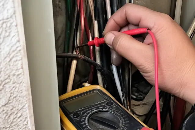 Electrician using a multimeter to test damaged wires inside a residential utility closet in Goodyear, AZ.