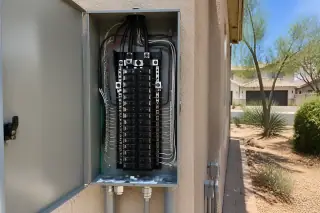 Modern residential electrical panel with organized wiring and new breakers in a Phoenix, AZ home.