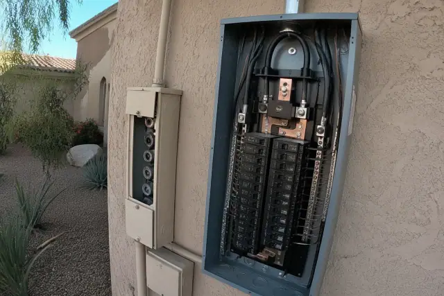 Electrical panel upgrade replacing an old fuse cabinet at a residential home in Phoenix, AZ.