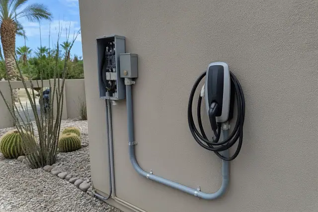 Electric vehicle charger mounted on a stucco wall with conduit piping at a home in Paradise Valley, AZ.