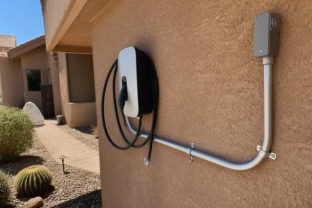 EV charger mounted on a stucco wall with conduit piping in a xeriscaped front yard in Peoria, AZ.