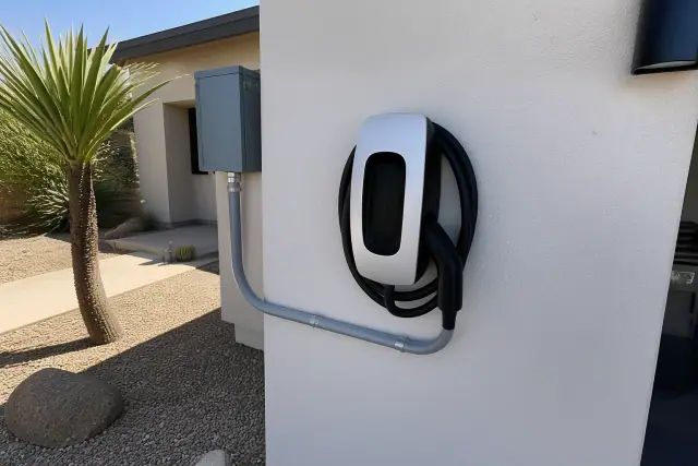 EV charger installed on a residential wall with conduit piping in a xeriscaped front yard in Tempe, AZ.