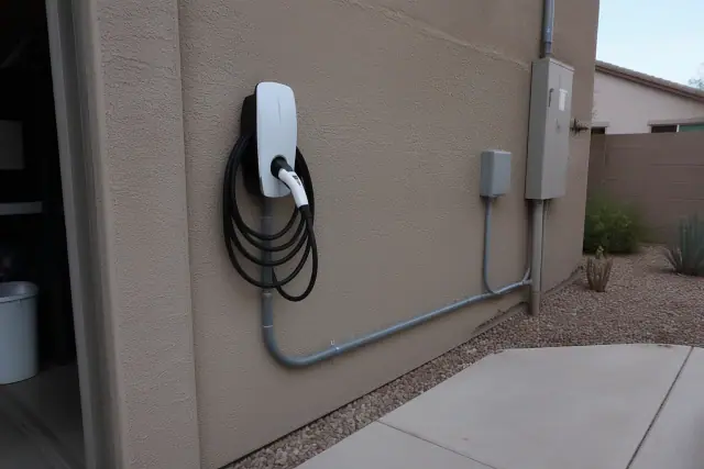 Electrician installing an EV charger on a stucco wall with conduit piping in a Mesa, AZ desert landscape.