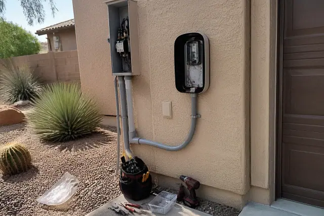 Electrician installing an EV charger on a stucco wall with conduit in a Scottsdale, AZ residential yard.