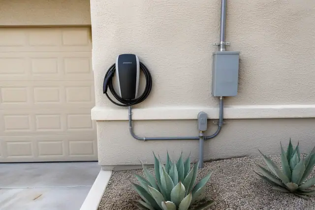 Completed EV charger installation on a stucco wall with conduit and coiled cable at a home in Glendale, AZ.