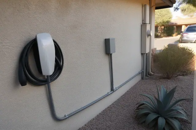 Electrician installing an EV charger on a stucco wall at a home in Gilbert, AZ.