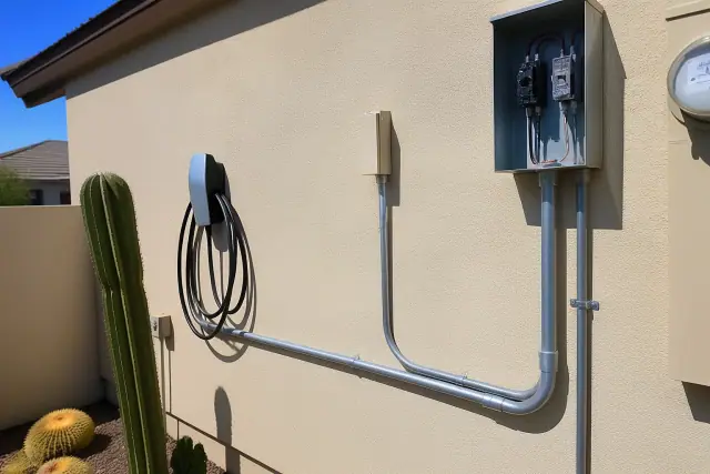 EV charging unit mounted to a stucco wall with metal conduit piping at a job site in Phoenix, AZ.