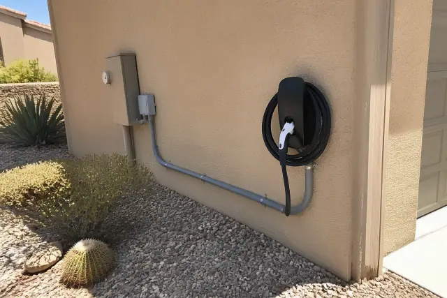 EV charger installed on a stucco wall with conduit piping at a jobsite in Goodyear, AZ.
