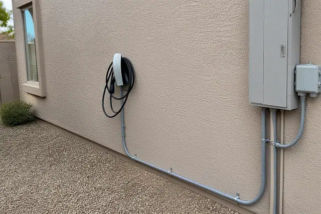 Wall-mounted EV charger with conduit piping installed on a stucco home exterior in Sun City, AZ.