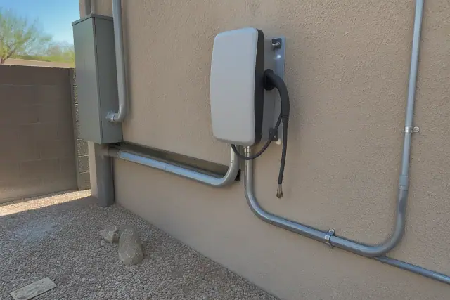 Electric vehicle charging station installed on a stucco wall at a commercial site in Phoenix, AZ.