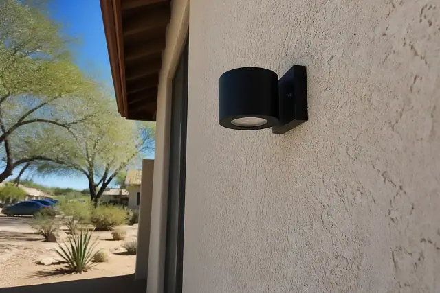 Security light fixture installed on a stucco home exterior with desert landscaping in the background in Phoenix, AZ.