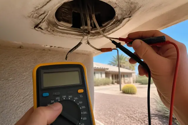 Technician using a multimeter to test residential light fixture wiring in Phoenix, AZ.