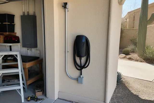 Technician installing an EV charger on a residential garage wall with conduit piping in Phoenix, AZ.