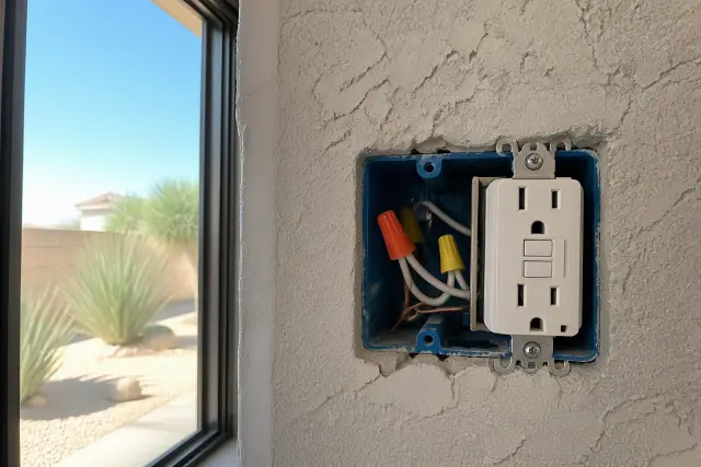 Exposed electrical wall box with a new GFCI receptacle and wiring in a Phoenix, AZ home.