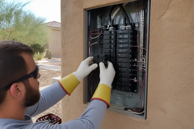Electrician installing a circuit breaker in a residential panel in Phoenix, AZ.