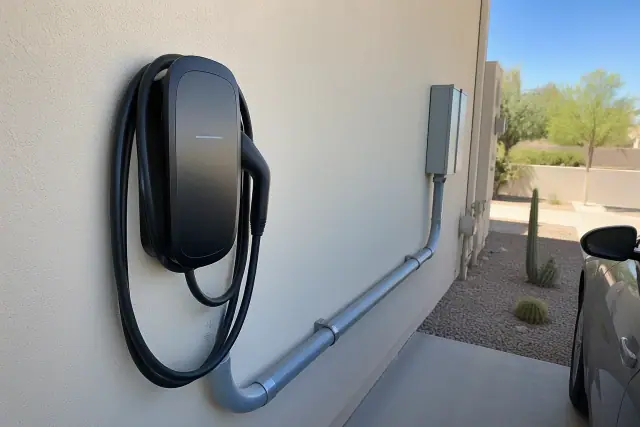 Hardwired Level 2 EV charger mounted to a stucco wall with conduit piping at a home in Phoenix, AZ.