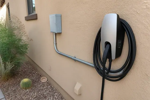 Wall-mounted EV charger installation on a stucco wall with conduit piping at a home in Phoenix, AZ.