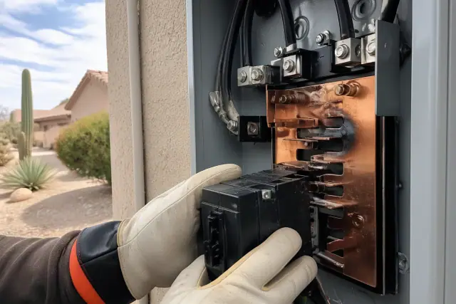 Heat damage on copper bus bars and lugs inside a residential service panel in Phoenix, AZ.