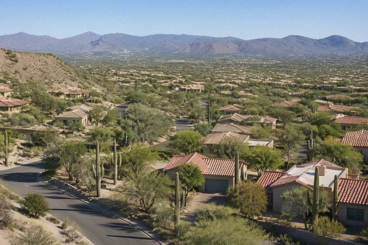 Aerial drone view of a suburban neighborhood and desert landscape with Saguaro cacti in Phoenix, AZ.