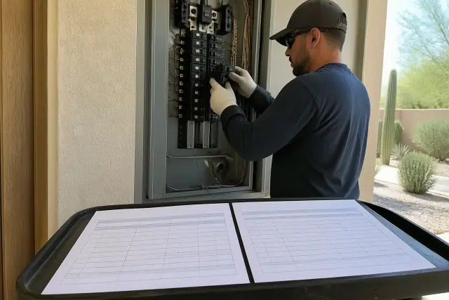 Two electrical estimate documents laid out on a work table by an open circuit panel at a job site in Phoenix, AZ.