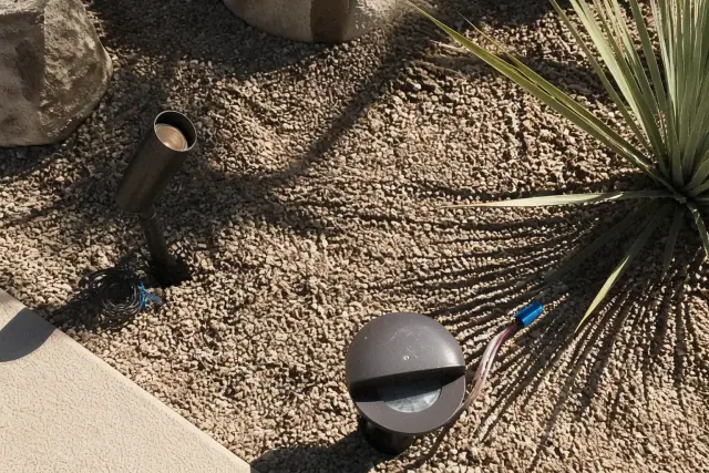 New recessed lighting installation in a xeriscaped yard in Phoenix, AZ with visible wiring leads.