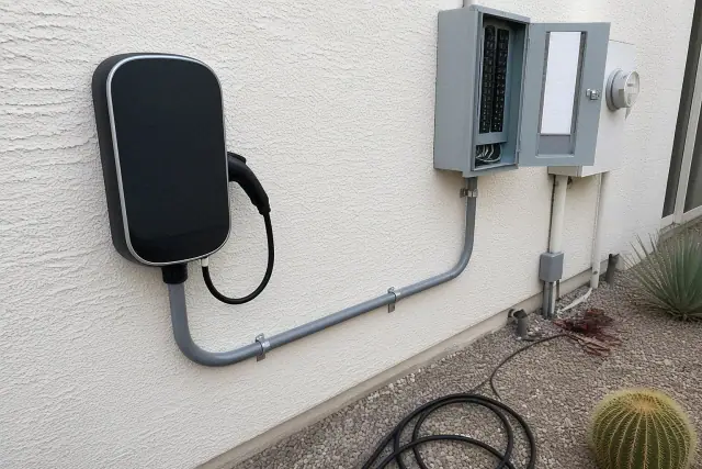 A Level 2 EV charger mounted on a stucco wall with conduit piping at a jobsite in Phoenix, AZ.