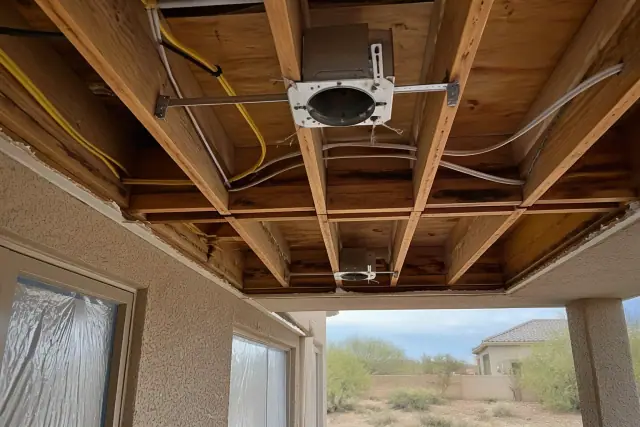 Recessed lighting installation in progress within an exposed ceiling joist cavity at a job site in Mesa, AZ.