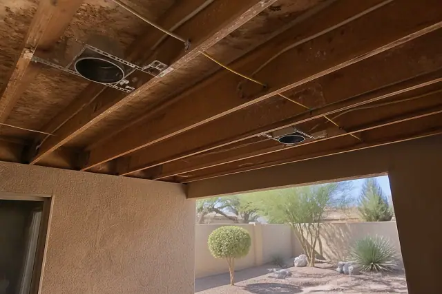 Recessed lighting housing and wiring inside a ceiling joist cavity at a job site in Chandler, AZ.