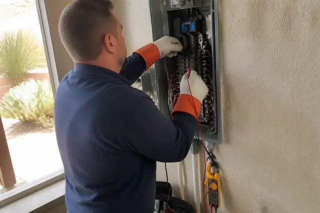 Electrician testing a new circuit breaker in a residential electrical panel in Phoenix, AZ.