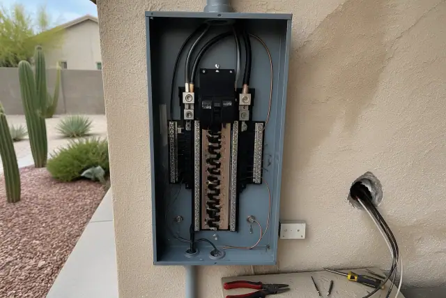 Mid-progress electrical panel upgrade with exposed wiring and tools on a stucco wall in Phoenix, AZ.