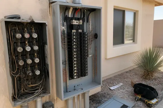 New electrical panel installation with wiring and tools at a home in Phoenix, AZ.