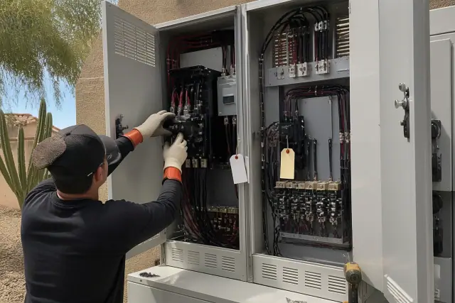 Electrician wearing insulated gloves installing a circuit breaker in a Phoenix, AZ commercial electrical panel.