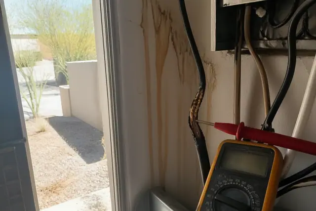 Multimeter testing damaged, scorched wires in a Phoenix, AZ utility closet with water staining on stucco walls.
