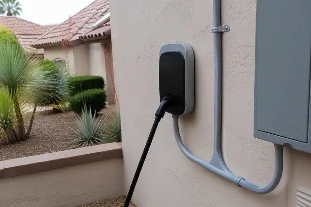 Wall-mounted EV charger with NEMA 14-50 plug and conduit installed at a home in Phoenix, AZ.