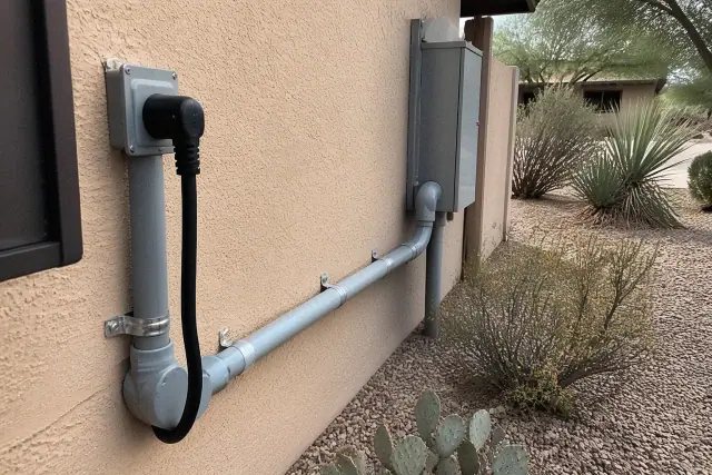 EV charger with NEMA 6-50 plug and conduit piping installed on a stucco wall in Phoenix, AZ.