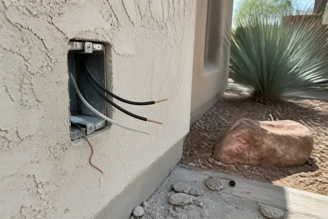 Exposed electrical wiring and wall box for a new outlet installation in Phoenix, AZ.