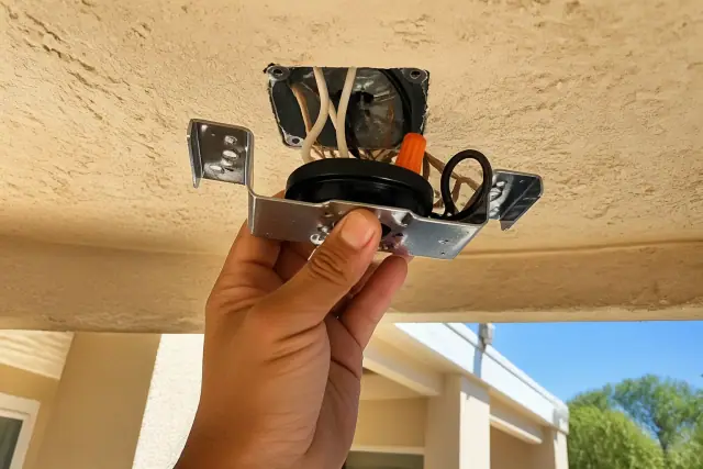 New wiring and fan-rated mounting bracket installed in a ceiling box at a jobsite in Phoenix, AZ.
