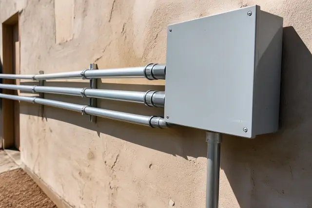 Metal conduit pipes and a weatherproof junction box on a stucco wall at an industrial jobsite in Phoenix, AZ.