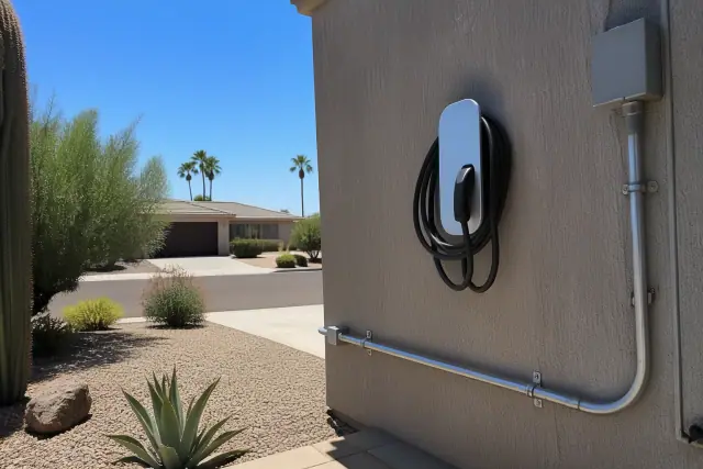EV charger installed on a concrete wall with metal conduit piping in a xeriscaped yard in Phoenix, AZ.