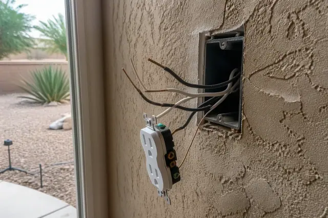 Exposed electrical wiring for a wall outlet repair in Phoenix, AZ.