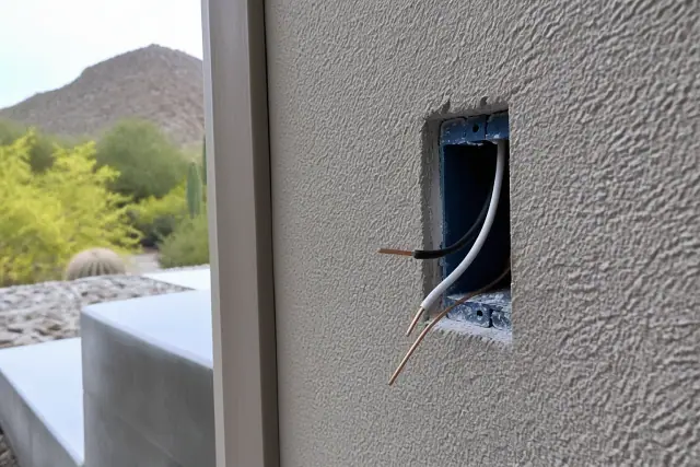 Electrical outlet installation with exposed wiring on a stucco wall at a home in Paradise Valley, AZ.