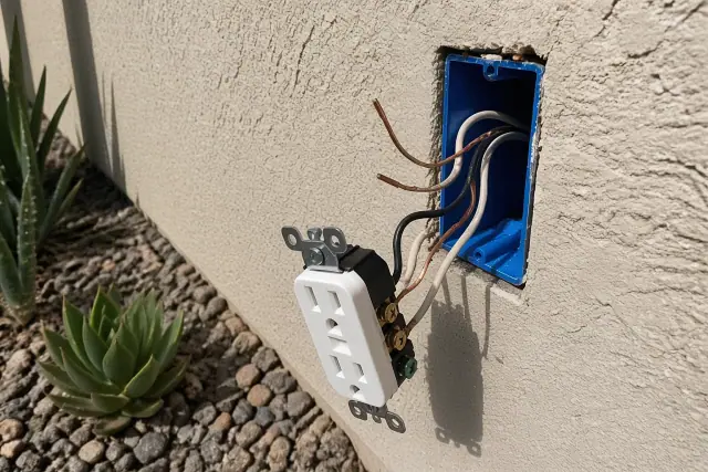 Exposed electrical wall box with copper wiring for an outlet installation at a job site in Chandler, AZ.