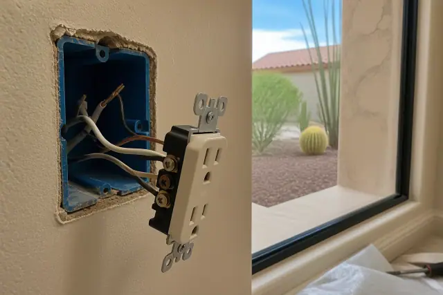 Exposed electrical wall box with copper wiring for an outlet installation in a Sun City, AZ home.