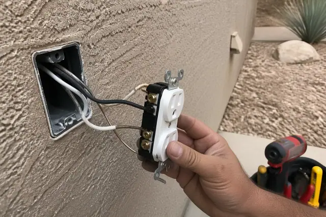 Exposed electrical wiring and wall box for a new outlet installation at a home in Glendale, AZ.