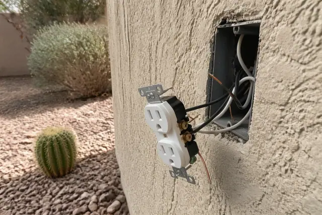 Exposed electrical wiring for a wall outlet installation on a stucco exterior in Goodyear, AZ.