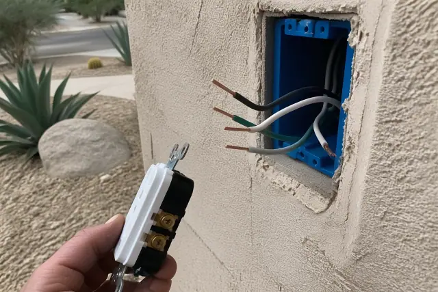 Exposed electrical wiring in a wall box for a new outlet installation at a home in Phoenix, AZ.