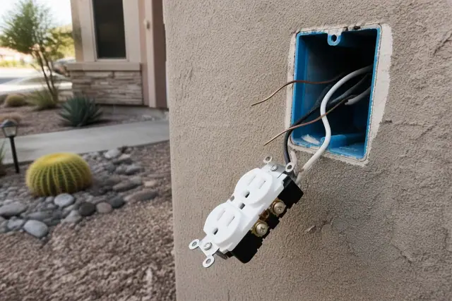 Exposed electrical wiring and wall box for a new outlet installation on a stucco home in Peoria, AZ.