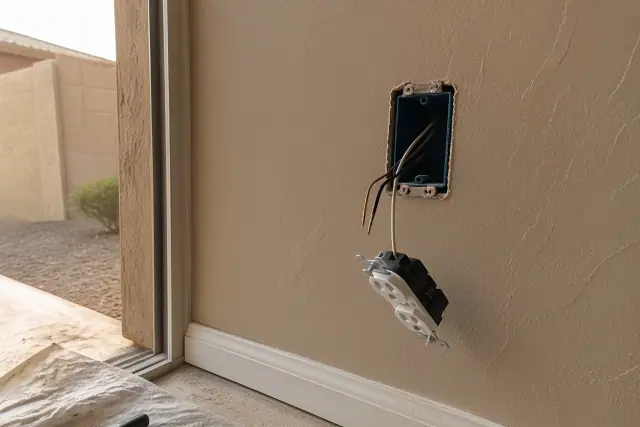 Exposed electrical wall box with stripped copper wiring for an outlet installation in a Gilbert, AZ home.