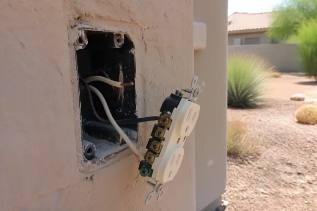 Exposed electrical wall box with copper wiring for an outlet installation at a home in Mesa, AZ.