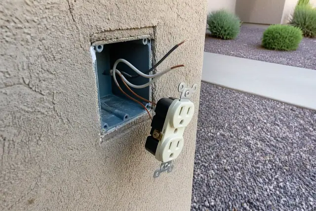 Exposed electrical wall box with copper wiring for a receptacle installation at a stucco home in Scottsdale, AZ.